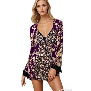 FREE PEOPLE Odette Purple Floral Boho Tunic Top Mini Dress Size XS Festival Fall